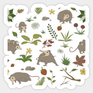 Possums in a Berry Field Pattern on Black Sticker